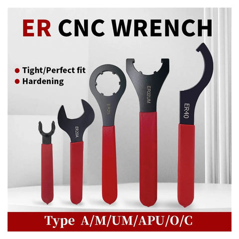 Premium ER16 ER20 ER25 ER32 Collet Chuck Spanner Wrench For CNC Milling Machine Lathe Tools in various sizes with red handles.
