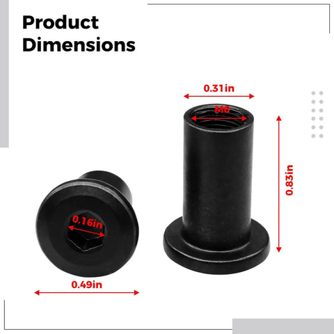 Dimensions of Eight Set M6 Tube Nut Bolt Kit For Furniture Assembly, showing 0.49in diameter and 0.83in length.