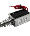 12V DC Push-Pull Solenoid Actuator with 8N Force, 10mm Stroke, open frame, showcasing wiring and metal housing