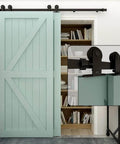 Heavy Duty 4Ft Bypass Sliding Barn Door Hardware Kit Built Tough For Two Doors Single Track System With Smooth Quiet Glide Top Mount Hangers Rust Resistant Black Steel Rail Ideal For Farmhouse Or Modern Living Spaces Door Not Included shown installed on a door frame with close-up of hangers
