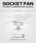 Socket Breeze 15.4-Inch Socket Fan Light With Remote 5-Speed Deluxe Ceiling Fan And LED Light Combo displayed with socket extender
