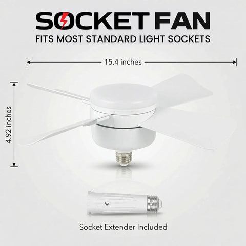 Socket Breeze 15.4-Inch Socket Fan Light With Remote 5-Speed Deluxe Ceiling Fan And LED Light Combo displayed with socket extender