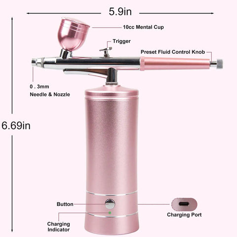 Rechargeable Cordless Airbrush Kit With Portable Wireless Air Brush Gun for Barber Nail Art in Pink with dimensions shown