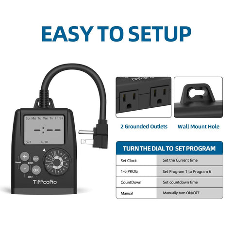 No Sweat Digital Outdoor Timer Outlet Featuring Easy Dial Programming And A Huge Clear Display Waterproof Dual Socket Layout Tailored For Christmas Lights And Backyard Gear At Sixteen Amps Rated with clear buttons and dual outlets.