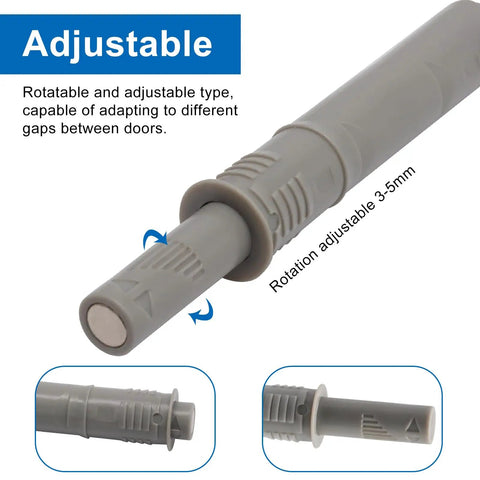 Slick Magnetic Push To Open Latches, Hassle Free Quiet Close Dampers For Kitchen Drawers Closet Panels And Butcher Block Cabinets, 10 Pack Gray Matte Finish Mounts, adjustable rotatable gray plastic latch.