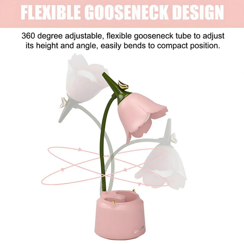 Cute LED Desk Lamp With Flower And Bird Design, flexible gooseneck, pink USB rechargeable table lamp for desk or nightstand