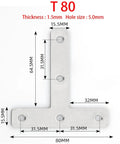 Heavy Duty Stainless Steel Corner Brackets 10 Pack L And T Shape Flat Bed Frame Repair Fasteners For Furniture Cabinet Shelf Mounting Indoors Outdoors Deadset Tough Making Repairs No Sweat For Your Next Project T-shaped bracket with dimensions 80mm x 64.5mm, 1.5mm thickness.