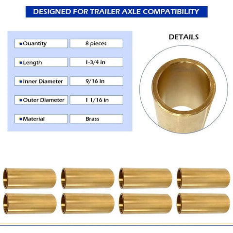 Eight Piece Beefy Brass Leaf Spring Bushing Kit For Trailer Axles With 9/16 Inch ID And 11/16 Inch OD, brass bushings
