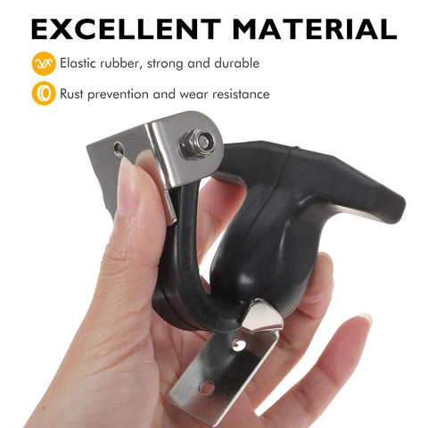 Hand holding 2 Pack Stainless Steel T Handle Draw Latches with flexible rubber, showing beefy grip and rust prevention features.