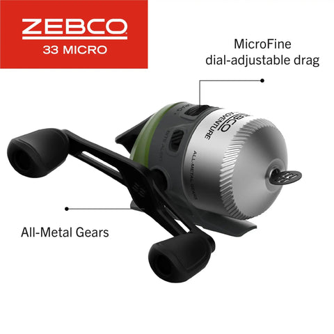 Close-up of Zebco 33 Micro rod and reel showcasing features of Pocket Sized Micro Adventure Spincast Rod And Reel Combo 36 Inch Telescopic Ultra Light Power Moderate Action Silver And Green Travel Ready Camping Fishing Kit For Lakes And Paddling.