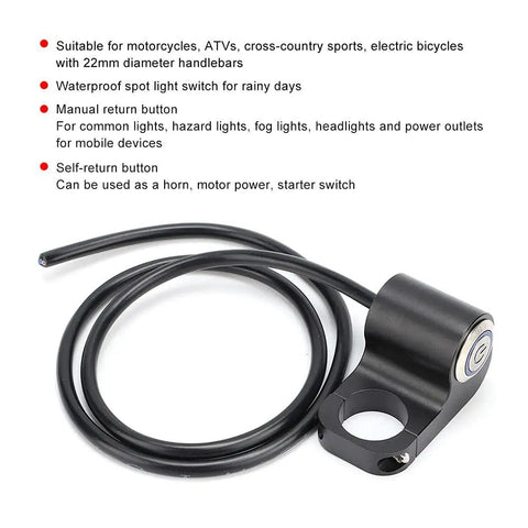Ride Ready 22mm Stainless Steel Motorcycle Spot Light Switch with manual return, auto return button, universal handlebar fit