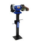 Heavy Duty Industrial Belt Grinder With Kickass 1 Hp Motor And Tilting Stand, showing quick swap belt system and robust metal stand.