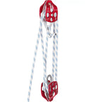 Heavy Duty Twin Sheave Block And Tackle With 1/2 Inch Braided Poly Rope, 7700 Lb Break Rating, Forged Aluminum Double Pulley Rigging System Built Like A Tank For No Sweat Heavy Hauling with red pulleys and braided rope.