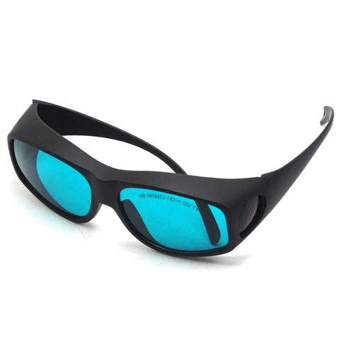 Rock Solid 2 Pair Laser Safety Glasses Block Nasty UV And Red Beam OD4 Filter with black frame and blue lenses from side view.