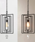 Black Geometric Pendant Lighting For Kitchen Island And Foyer, Adjustable Frame Chandelier, side-by-side on-off view