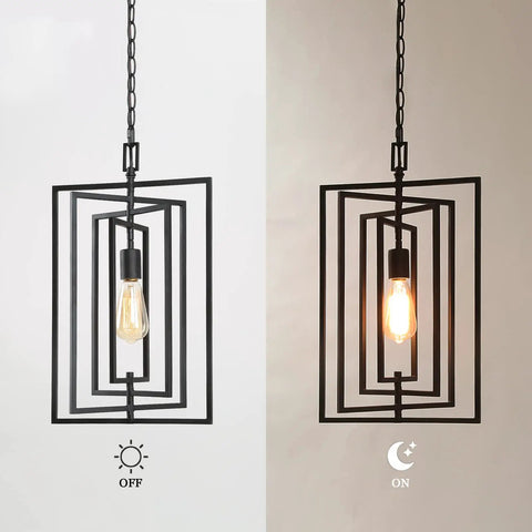 Black Geometric Pendant Lighting For Kitchen Island And Foyer, Adjustable Frame Chandelier, side-by-side on-off view