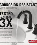 Esato Matte Black Widespread Bathroom Faucet For 3 Hole Sink Mounting With Drain Assembly Included Modern Three Hole Faucet For Vanity Easy Quick Install Durable Finish 35897LF-BL displayed with corrosion-resistant feature