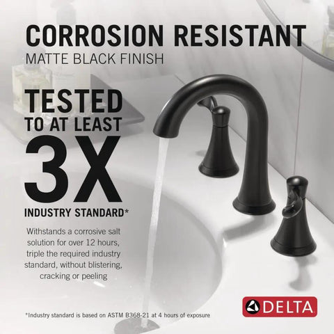 Esato Matte Black Widespread Bathroom Faucet For 3 Hole Sink Mounting With Drain Assembly Included Modern Three Hole Faucet For Vanity Easy Quick Install Durable Finish 35897LF-BL displayed with corrosion-resistant feature