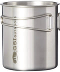 Close-up of All-In-One Stainless Steel Cup And Pot, 24 Oz, Lightweight, with folding handles for travel, camping, and backpacking use.
