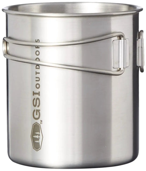 Close-up of All-In-One Stainless Steel Cup And Pot, 24 Oz, Lightweight, with folding handles for travel, camping, and backpacking use.