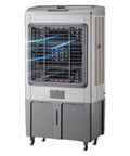 Portable Evaporative Swamp Cooler With Four Ice Cold Packs three whisper quiet fan speeds, on sturdy rollers for cooling.