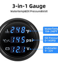 Front view of ARTILAURA 3-in-1 gauge (52mm, blue backlit) showing oil pressure, water temperature and voltmeter readings.