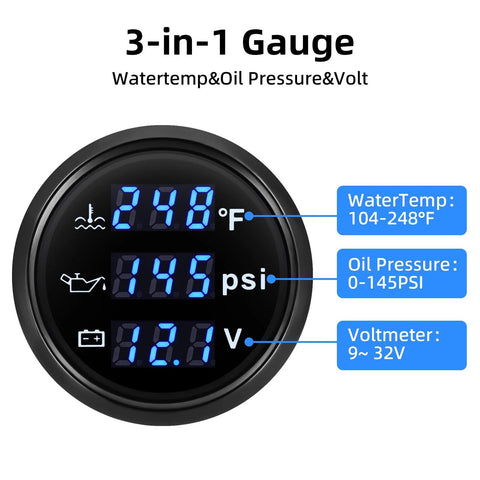 Front view of ARTILAURA 3-in-1 gauge (52mm, blue backlit) showing oil pressure, water temperature and voltmeter readings.