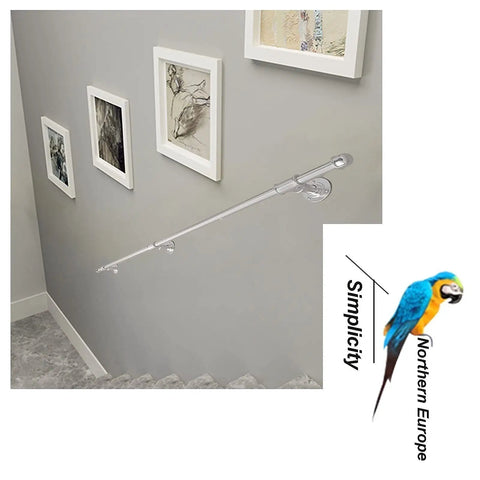 Heavy Duty Wrought Iron Hand Rails For Stairs Indoor Outdoor Galvanized Steel Safety Banister with Rust Proof Coating mounted on staircase wall.