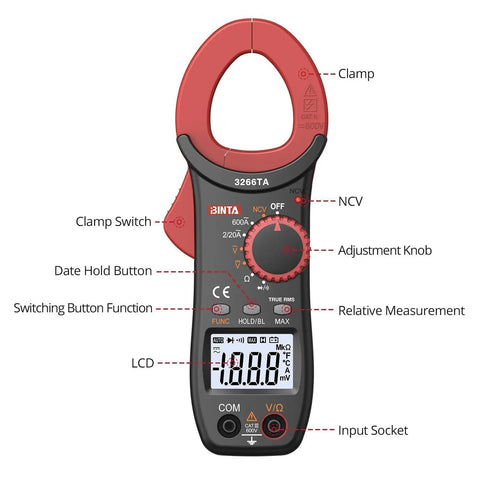 DIY Friendly Clamp Meter And Multimeter Combo With Auto Range 2000 Counts NCV TRMS 600A AC showing features and controls