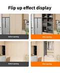 Flip up effect display showing cabinets before and after opening, highlighting storage options and organization.