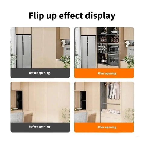 Flip up effect display showing cabinets before and after opening, highlighting storage options and organization.