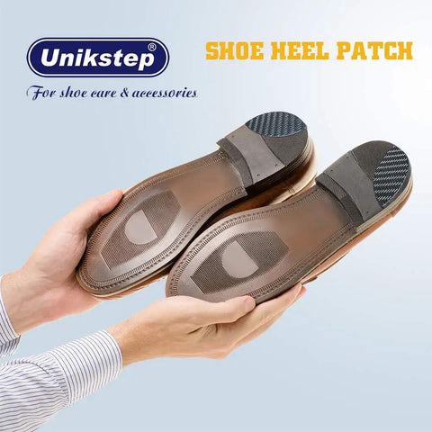 Hands holding shoes with installed Unikstep shoe heel repair patches, featuring anti-slip rubber and sandpaper backing.