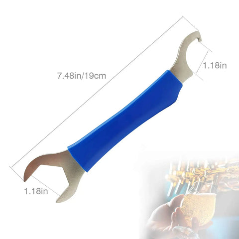 Heavy Duty Beer Faucet Wrench For Draft Systems, Tap Wrench With Hex Nut And Keg Spanner shown with size dimensions.