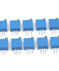 Ten blue multiturn trimmer potentiometers from 50 piece assortment kit for PCB calibration and dial in fine tuning.