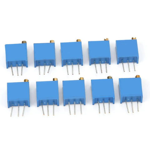 Ten blue multiturn trimmer potentiometers from 50 piece assortment kit for PCB calibration and dial in fine tuning.