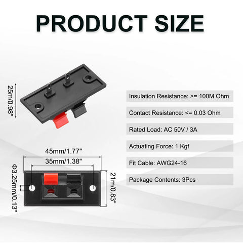 Two Way Spring Terminal Clip Push Release Connector Plate Jack Socket For Speaker Terminal Strip Block Test Clip Three Pack Great For DIY Audio Upgrades Red And Black Color Coding 45mm Mounting Size with dimensions and specs shown