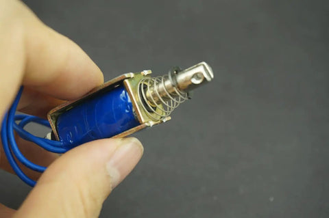 5N 12V DC Push Pull Open Frame Solenoid Electromagnet With Built In Mounting Board Miniature Spring Loaded Actuator For ATM Machines Vending Heavy Duty Industrial Use, blue coil