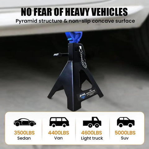 Front view of 3 Ton Double Locking Car Jack Stands Heavy Duty Lift Supports Adjustable 11.2 To 16.8 Inches 6000 LB Capacity Each Set Of Two For SUVs And Pickup Trucks, displaying pyramid structure and non-slip surface.
