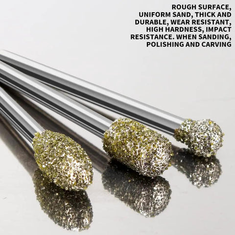Diamond Grinding Burr Bit Set For Rotary Tools 30 Pcs with One Eighth Inch Shank, showing diamond-coated tips for carving and polishing.
