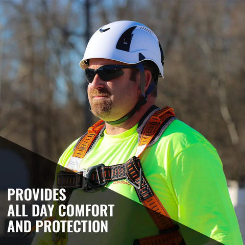 Construction worker wearing an APEX Type 2 Safety Helmet Vented Hard Hat for all-day comfort and protection on the jobsite.