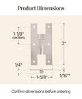 Product dimensions for Heavy Duty Satin Nickel H Hinges For Cabinet Doors Flush Mount Style, 3x1-5/8 inch.