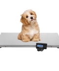 Workhorse Heavy Duty Digital Veterinary Scale Providing Quick Reads Up To 660 Lbs And Sturdy Stainless Steel Floor with a small dog on it.