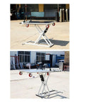 Heavy Duty Electric Lifting Elevator Mobile Lift Truck Folding Flatbed Cart For Warehouse Freight Handcart Easy Storage In Trunk, raised position with wheels.