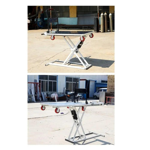 Heavy Duty Electric Lifting Elevator Mobile Lift Truck Folding Flatbed Cart For Warehouse Freight Handcart Easy Storage In Trunk, raised position with wheels.