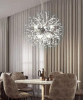 9 Light Chrome Crystal Dandelion Firework Chandelier With Adjustable 78 Inch Cord in modern dining room setting