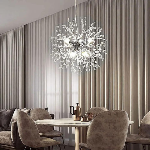 9 Light Chrome Crystal Dandelion Firework Chandelier With Adjustable 78 Inch Cord in modern dining room setting