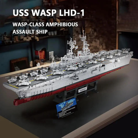 US Navy Warship Brick Set 1 To 300 Scale Wasp Class Amphibious Assault Carrier Model With Over 5200 Bricks on display table