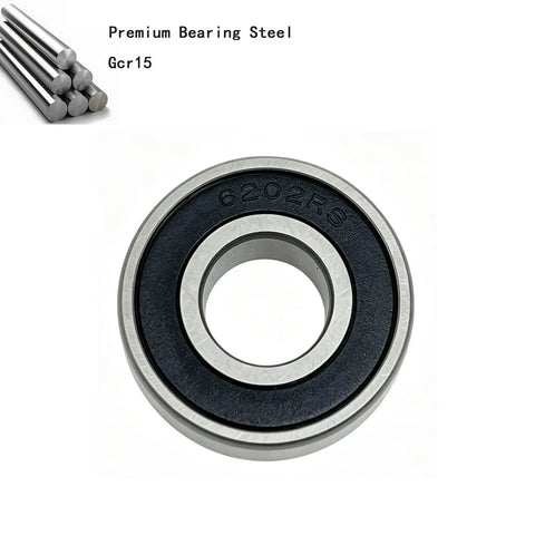 Sweet 10 Pack Of 6202-2RS Deep Groove Ball Bearings In 15x35x11mm Size That Are Double Rubber Sealed Chrome Steel Gems, shown from front.