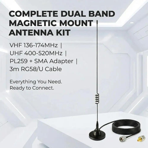 Dual Band VHF UHF Ham Radio Antenna With Magnetic Mount For Mobile Use Covers 136 To 174 MHz And 400 To 520 MHz Low VSWR Under 1.5