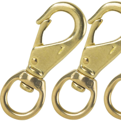 Genuine Solid Brass Swivel Snap Hooks 3 1/4 Inch heavy duty clips showing shiny brass finish and swivel design for outdoor use